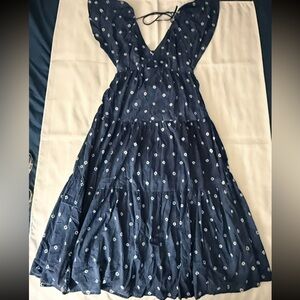 Madewell Shibori Tie Back Tiered Cotton Blue Flutter Sleeves Midi Dress